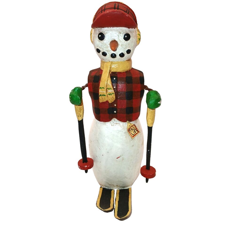 Randy Tate Snowman Figure Skiing Folk Art Rustic Figurine 6" Tall Signed Tate